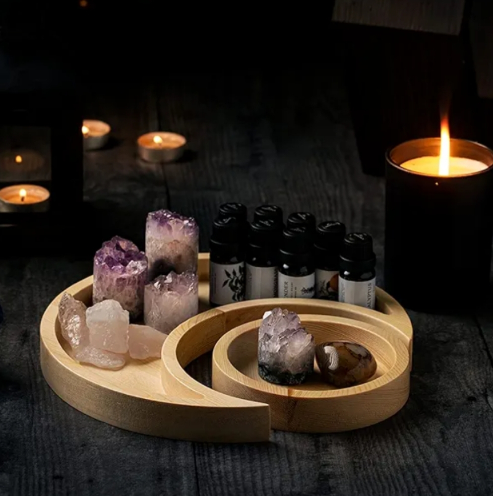 Crescent Moon Tray Set Sun Lunar Solar Eclipse Trays Natural Wood Crystal Dish